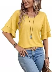 Ryhula Kurzarmblusen Ryhula Damen T-Shirt Bluse Elegant 3/4 Arm Trompetenärmel V-Ausschnitt Locker Bequem Oberteil Leicht Top Für Frühling Sommer Herbst Freizeit &amp; Büro Mode