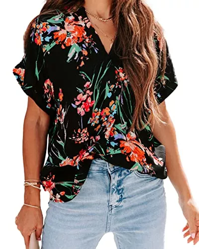 ANCAPELION Kurzarmblusen ANCAPELION Damen Sommer Bluse Fashion Tuniken Hemd Kurzarm Shirt Casual Oberteile Lose Fit Top V-Ausschnitt Tunika für Frauen
