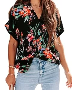 ANCAPELION Kurzarmblusen ANCAPELION Damen Sommer Bluse Fashion Tuniken Hemd Kurzarm Shirt Casual Oberteile Lose Fit Top V-Ausschnitt Tunika für Frauen
