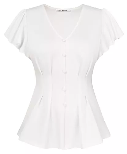 GRACE KARIN Kurzarmblusen GRACE KARIN Damen Blusen Sommer Elegant V-Ausschnitt Rüschenärmel Lässige Oberteil Boxfalte Festliche Bluse mit Knopfdekor für Alltags- und Party