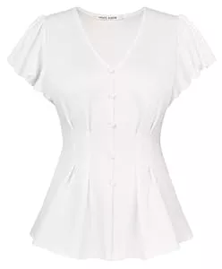 GRACE KARIN Kurzarmblusen GRACE KARIN Damen Blusen Sommer Elegant V-Ausschnitt Rüschenärmel Lässige Oberteil Boxfalte Festliche Bluse mit Knopfdekor für Alltags- und Party