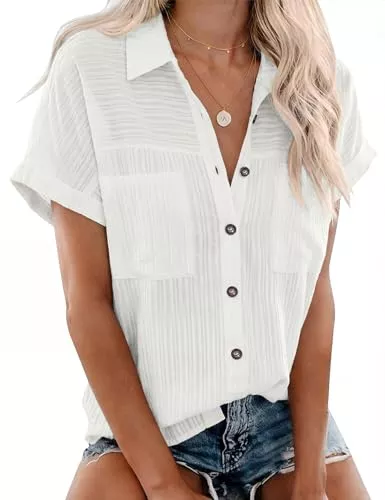 Rapbin Hemdblusen Rapbin Bluse Damen Kurzarm Hemdbluse V-Ausschnitt Sommer Lässiges Tunika Locker Blusenshirt Elegant Oberteile mit Knopfleiste und Tasche