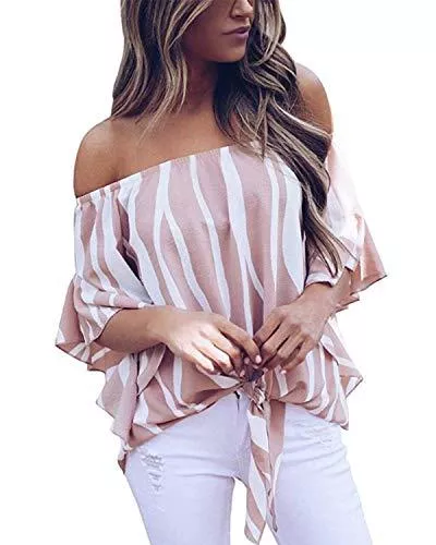 ZANZEA Kurzarmblusen ZANZEA Damen Schulterfrei 3/4 Arm Freizeit Party Strand Lose Tops Shirt Bluse