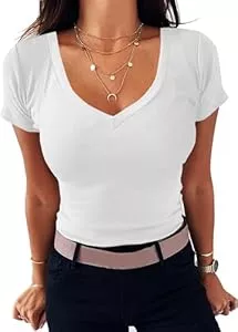 TrendiMax T-Shirts TrendiMax Damen T-Shirt Gerippt Slim Fit Basic Tee Shirts V Ausschnitt Kurzarm Sommer Tshirt Stretch Oberteile Casual Bluse Tops