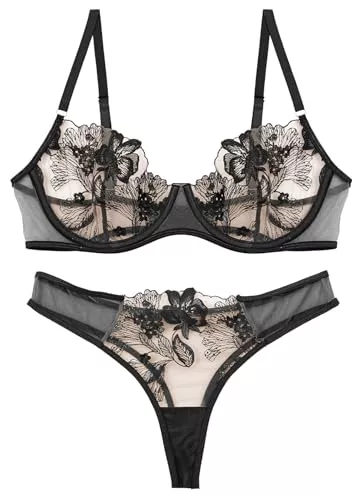 AIEOE Unterwäsche & Dessous AIEOE Spitze BH mit String Slip Damen Dessous-Sets für Damen Reizwäsche Transparent Netz BH mit Bügel Tanga Blumen Bestickt Träger Unterwäsche - XS-L