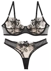 AIEOE Unterwäsche & Dessous AIEOE Spitze BH mit String Slip Damen Dessous-Sets für Damen Reizwäsche Transparent Netz BH mit Bügel Tanga Blumen Bestickt Träger Unterwäsche - XS-L