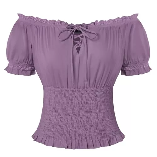 SCARLET DARKNESS Kurzarmblusen SCARLET DARKNESS Damen Renaissance Trachtenbluse Schulterfrei Gesmokte Bluse Baumwolle Mittelalter Tops
