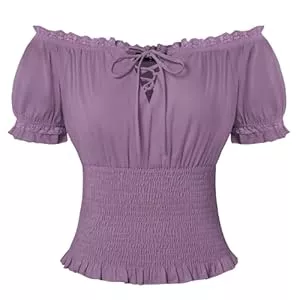 SCARLET DARKNESS Kurzarmblusen SCARLET DARKNESS Damen Renaissance Trachtenbluse Schulterfrei Gesmokte Bluse Baumwolle Mittelalter Tops