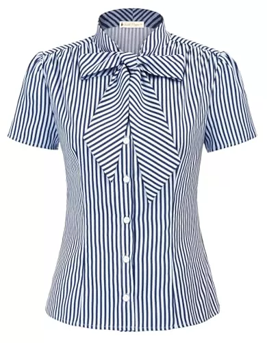 Belle Poque Kurzarmblusen Belle Poque BP573 Sommerbluse, kurzärmelig, Büro, Knopfleiste, gestreift, mit Fliege