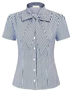 Belle Poque  Belle Poque BP573 Sommerbluse, kurzärmelig, Büro, Knopfleiste, gestreift, mit Fliege