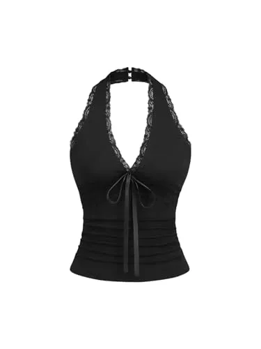 GORGLITTER Tops GORGLITTER Damen Neckholder Top mit Spitze Halterneck-Top Y2K Tops Gerafftes Trägertop Ärmellos Crop Top Rückenfreies Oberteil Elegant Sommertop