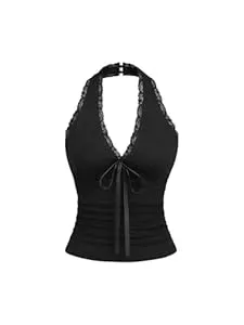 GORGLITTER  GORGLITTER Damen Neckholder Top mit Spitze Halterneck-Top Y2K Tops Gerafftes Trägertop Ärmellos Crop Top Rückenfreies Oberteil Elegant Sommertop