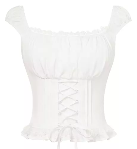 SCARLET DARKNESS Kurzarmblusen SCARLET DARKNESS Damen Renaissance Tops Sommer Lace-up Square Ausschnitt Bluse Rüschensaum Breiter Schultergurt Gesmokt Corset Oberteil