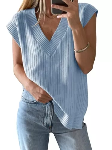 Saodimallsu Tops Saodimallsu Damen V-Ausschnitt Pullover Weste Oversized Ärmellos Tank Tops Leichtgewicht Strickpullover Sommer Elegante Oberteil