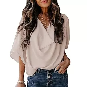 KBRPEY Kurzarmblusen KBRPEY Shirts Damen Sommer Vausschnitt Wickeloptik Kurzarm Tshirt Basic T Shirt Elegant Locker Oberteile Casual Bluse Frühling Tunika Chiffon Longshirt