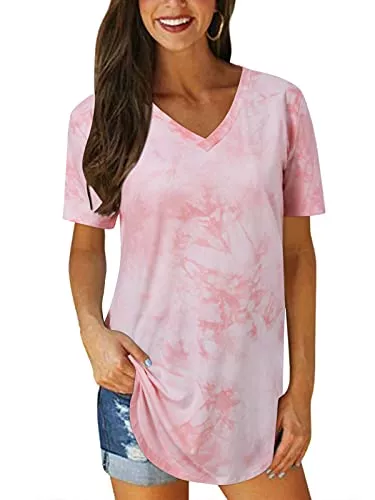 VONDA Kurzarmblusen VONDA Oberteile Damen Sommer T-Shirt Casual Locker V-Ausschnitt Basic Shirt Kurzarm Tops Elegant Bluse