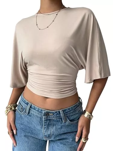 GORGLITTER Kurzarmblusen GORGLITTER Sommer Tops Damen Leicht Und Luftig Crop Tops Tailliertes Shirt Clean Girl Outfit Going Out Top Party Top