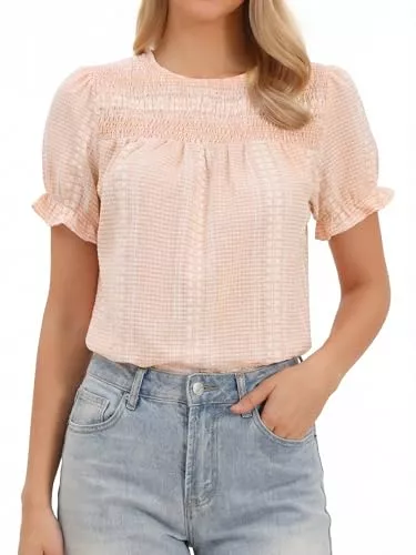 Allegra K Kurzarmblusen Allegra K Damen Schößchen T-Shirt Kurz Geraffte Puffärmel Rundhalsausschnitt Sommer Rüschen Bluse