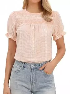 Allegra K Kurzarmblusen Allegra K Damen Schößchen T-Shirt Kurz Geraffte Puffärmel Rundhalsausschnitt Sommer Rüschen Bluse