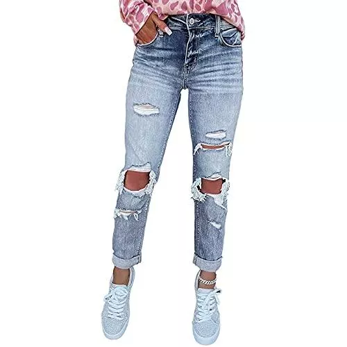 TITIU Jeans Damen Jeans Lässig Jeans Hoher Taille Rissen Löcher Jeanshosen, Destroyed Zerrissene Hose Ripped Boyfriend Denim Hosen Für Frauen Teenager