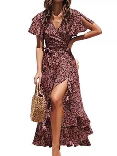 CUPSHE Freizeit CUPSHE Damen Kleid V Ausschnitt Kurzarm High Low Wickelkleid Rüschensaum Lange Freizeitkleider Sommer Strand Maxi Dress