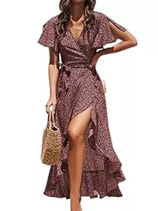 CUPSHE Freizeit CUPSHE Damen Kleid V Ausschnitt Kurzarm High Low Wickelkleid Rüschensaum Lange Freizeitkleider Sommer Strand Maxi Dress
