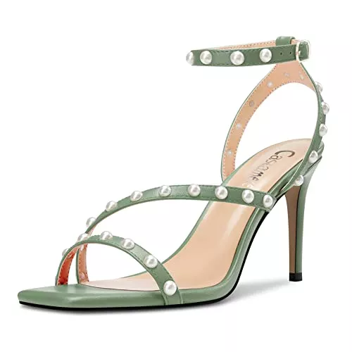 Castamere Sandalen & Slides Castamere Damen Mittlerem Absatz Heel Open Zehenkappe Knöchelriemen Sandalen Perlen Kreuzriemen Hochzeit Dress 8 CM Heels