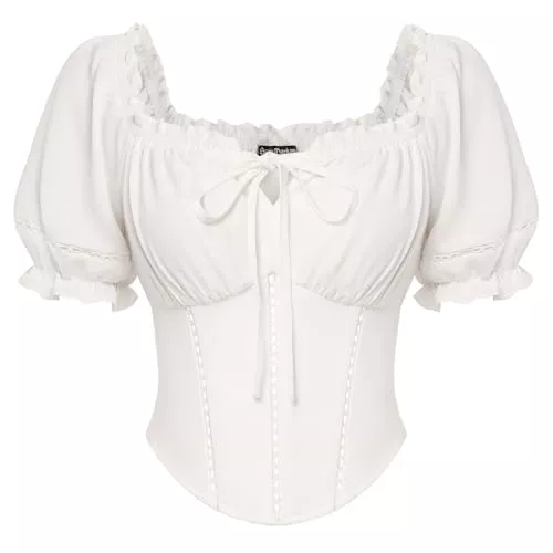SCARLET DARKNESS Kurzarmblusen SCARLET DARKNESS Damen Renaissance Bluse Kurz Puffärmel Korsett Oberteil mit Schleifen Verziert Mittelalter Blusen