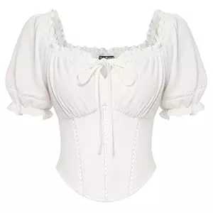 SCARLET DARKNESS Kurzarmblusen SCARLET DARKNESS Damen Renaissance Bluse Kurz Puffärmel Korsett Oberteil mit Schleifen Verziert Mittelalter Blusen
