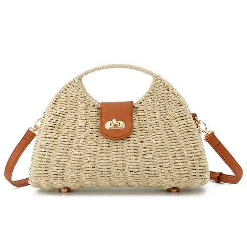 EVEOUT Taschen & Rucksäcke EVEOUT Stroh Umhängetaschen für Damen Mädchen Sommer Boho Chic Rattan Geflecht Korbtasche mit Schulterriemen Mode Polygonale Gewebte Strandtasche