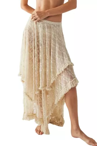 R.Vivimos Röcke R.Vivimos Damen Sommer Boho Spitze Strand Cover Up Maxi Rock Transparent Swing Rüsche Unregelmäßiger Saum Lange Röcke