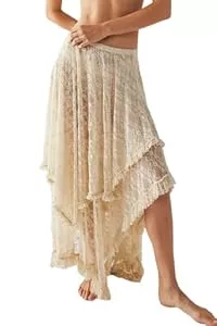 R.Vivimos Röcke R.Vivimos Damen Sommer Boho Spitze Strand Cover Up Maxi Rock Transparent Swing Rüsche Unregelmäßiger Saum Lange Röcke