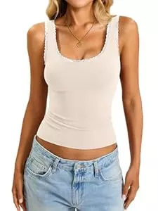 Tomwell Tops Tomwell Damen Baumwolle Tank Top mit Spitzenbesatz Slim Fit U-Ausschnitt Cami Cute Going Out Tops Sommer Rückenfreies Ärmelloses Top 2026