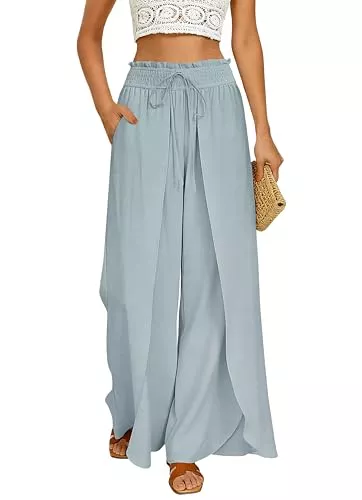 GRACE KARIN Hosen GRACE KARIN Damen Palazzo-Hose weitem Bein Rüschenschlitze elastischem Bund fließender Sommer-Strandhose mit Taschen