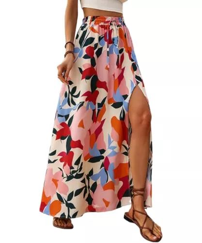 ABINGOO Röcke ABINGOO Damen Rock Sommerrock A Linie Maxirock Lang Elastisch Hohe Taille Seiten Schlitz Blumen Casual Strandrock Maxi Skirt