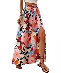 ABINGOO Röcke ABINGOO Damen Rock Sommerrock A Linie Maxirock Lang Elastisch Hohe Taille Seiten Schlitz Blumen Casual Strandrock Maxi Skirt