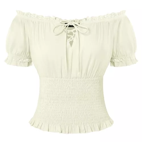 SCARLET DARKNESS Kurzarmblusen SCARLET DARKNESS Damen Renaissance Trachtenbluse Schulterfrei Gesmokte Bluse Baumwolle Mittelalter Tops
