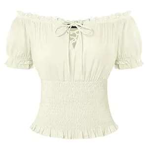 SCARLET DARKNESS Kurzarmblusen SCARLET DARKNESS Damen Renaissance Trachtenbluse Schulterfrei Gesmokte Bluse Baumwolle Mittelalter Tops
