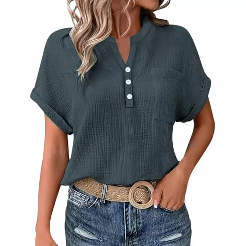 Generisch Ärmellose Blusen Musselin Bluse Damen Oversized Button-Down Sommerbluse Elegant V Ausschnitt Leinenbluse GroßE GrößEn Bluse Kurzarm T-Shirts Baggy Kleidung Musselin Hemd Solide Top Hohe Taille betont die Beine
