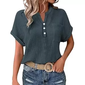 Generisch Ärmellose Blusen Musselin Bluse Damen Oversized Button-Down Sommerbluse Elegant V Ausschnitt Leinenbluse GroßE GrößEn Bluse Kurzarm T-Shirts Baggy Kleidung Musselin Hemd Solide Top Hohe Taille betont die Beine