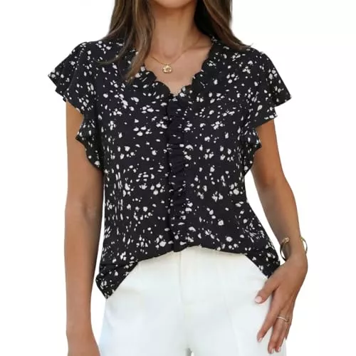 GRACE KARIN Kurzarmblusen GRACE KARIN Blusen Damen Sommer Leicht V-Ausschnitt Rüschen Kurzarm Oberteile Elegant Tunika Blumen Rüschenbluse für Festliche Party