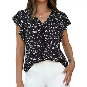 GRACE KARIN Kurzarmblusen GRACE KARIN Blusen Damen Sommer Leicht V-Ausschnitt Rüschen Kurzarm Oberteile Elegant Tunika Blumen Rüschenbluse für Festliche Party
