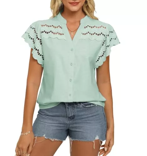 GRACE KARIN Kurzarmblusen GRACE KARIN Damen Sommer Kurzarm Bluse Casual V-Ausschnitt Baumwolle-Leinen Shirts Elegant Locker Passform Ausgehöhlte Oberteile