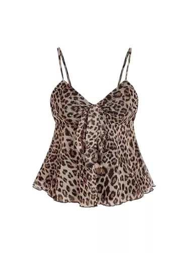 GORGLITTER Tops GORGLITTER Damen Cami Top Y2K Leoparden Oberteil Ärmellos Trägertop mit Knoten Camisole mit Rüschensaum Sommer Spaghetti Tanktop