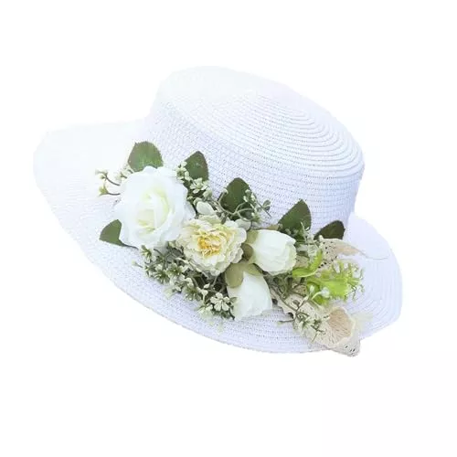 WUODHTW Hüte & Mützen WUODHTW Panamahut für Damen, Strohhut, Reise, Strand, Sonnenhut, Blumendekor, flache Oberseite, Reisen, für Sonnenkrempe, Sommer, UV-Hut