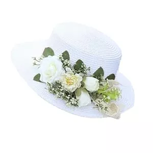 WUODHTW Hüte & Mützen WUODHTW Panamahut für Damen, Strohhut, Reise, Strand, Sonnenhut, Blumendekor, flache Oberseite, Reisen, für Sonnenkrempe, Sommer, UV-Hut
