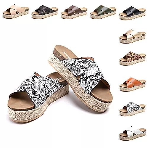 Hitmars Sandalen & Slides Sandalen Damen Plateau Pantoletten Keilabsatz Espadrilles Sommer Strand Frauen Offener Zeh Cross Strap Hausschuhe 5.3cm Schwarz Braun Gold Leopard EU36-EU42