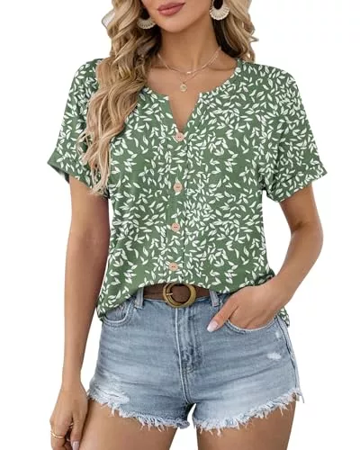 WNEEDU Kurzarmblusen WNEEDU Bluse Damen Sommer Kurzarm T-Shirt Damen V Ausschnitt Oberteile Sommerbluse Elegant Shirts Leicht und Luftig Casual mit Knopfleiste Gerollte Kurzärmel