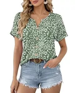WNEEDU Kurzarmblusen WNEEDU Bluse Damen Sommer Kurzarm T-Shirt Damen V Ausschnitt Oberteile Sommerbluse Elegant Shirts Leicht und Luftig Casual mit Knopfleiste Gerollte Kurzärmel