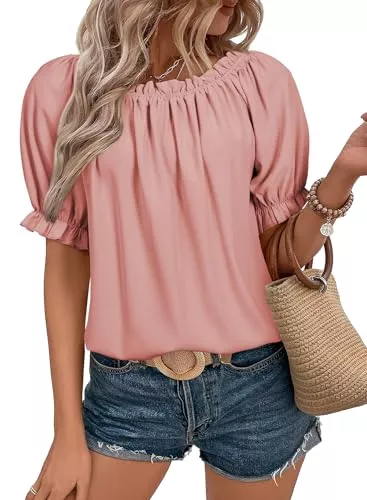 Dokotoo Kurzarmblusen Dokotoo Damen Bluse Sommer Chiffon Tunika Kurzarm Falten Blusenshirt Elegant Rundhals Puffärmel Oberteile T Shirts Top, rosa, M